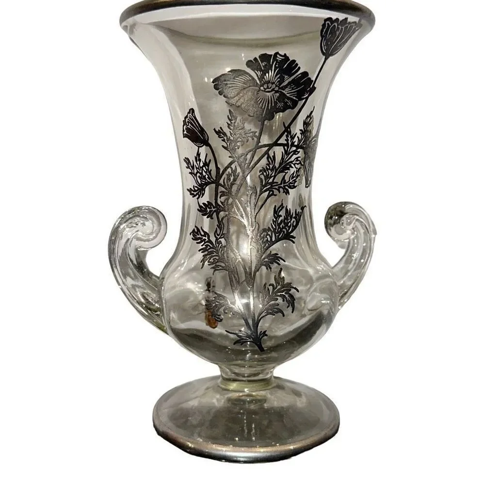 Silver City Footed Double handle Vase with applied Silver Floral  Flanders Patt